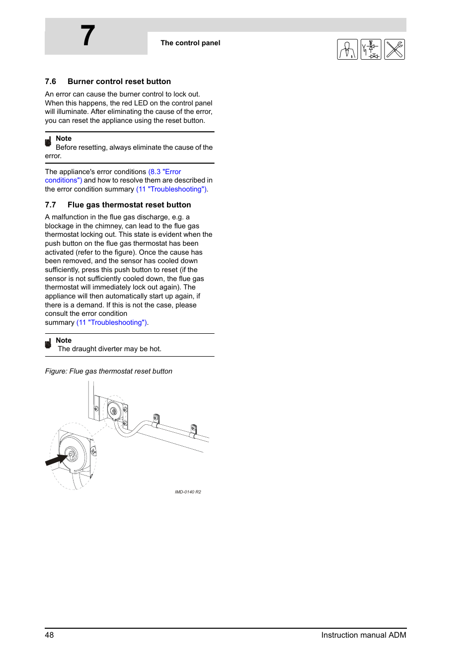 Burner control reset button, Flue gas thermostat reset button, 7gis | A.O. Smith ADM - 80 User Manual | Page 48 / 74