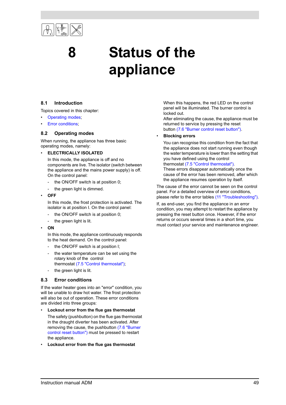 8 status of the appliance, Status of the appliance, Introduction | Operating modes, Error conditions, 2 "operating modes"), 3 "error, Conditions"), 8status of the appliance | A.O. Smith ADM - 80 User Manual | Page 49 / 74