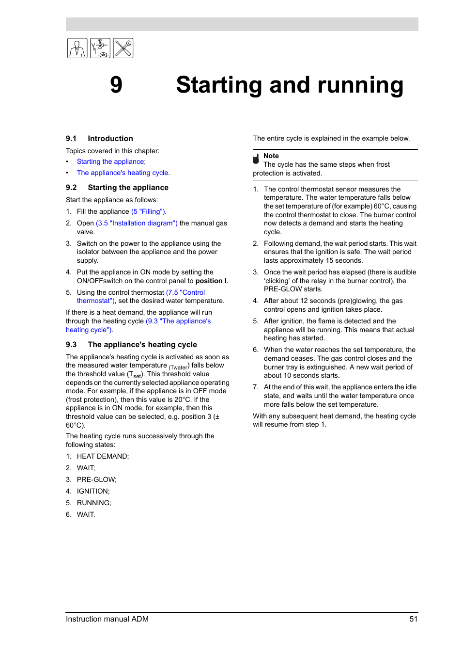 9 starting and running, Starting and running, Introduction | Starting the appliance, The appliance's heating cycle, D up, 9 