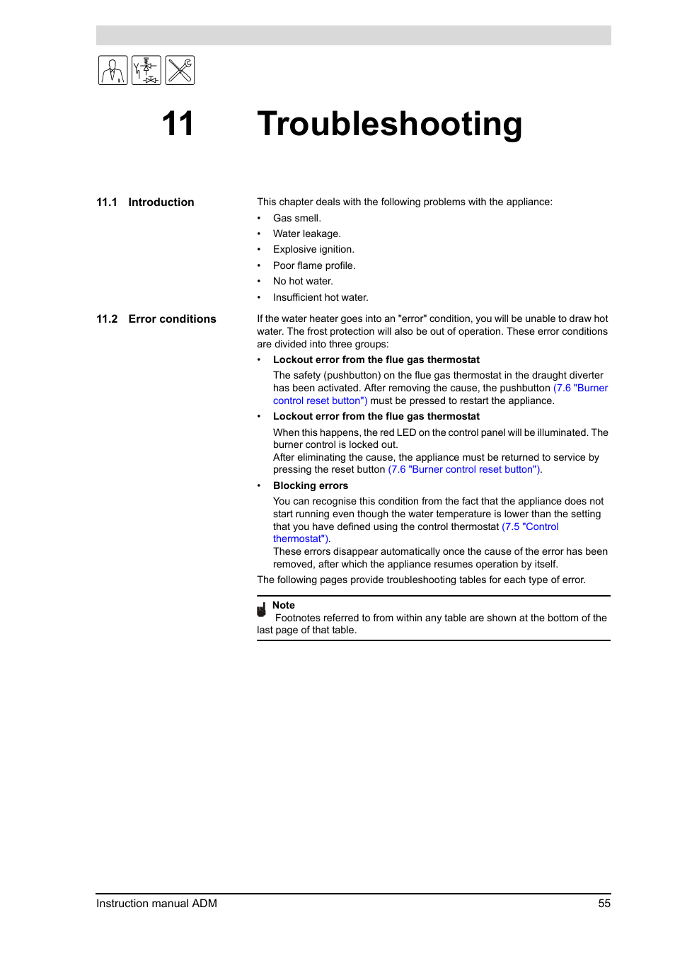 11 troubleshooting, Troubleshooting, Introduction | Error conditions, 11 "troubleshooting") | A.O. Smith ADM - 80 User Manual | Page 55 / 74