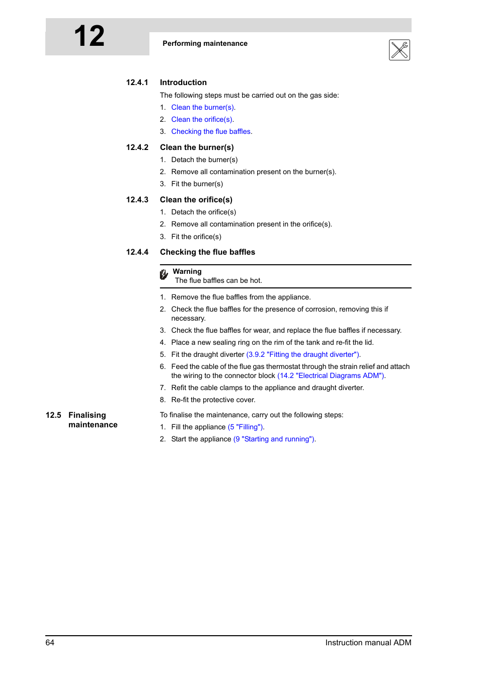 Finalising maintenance, 2 "clean the burner(s)"), 3 "clean the orifice(s)") | Fles, 4 "checking the flue baffles"), 12 s | A.O. Smith ADM - 80 User Manual | Page 64 / 74