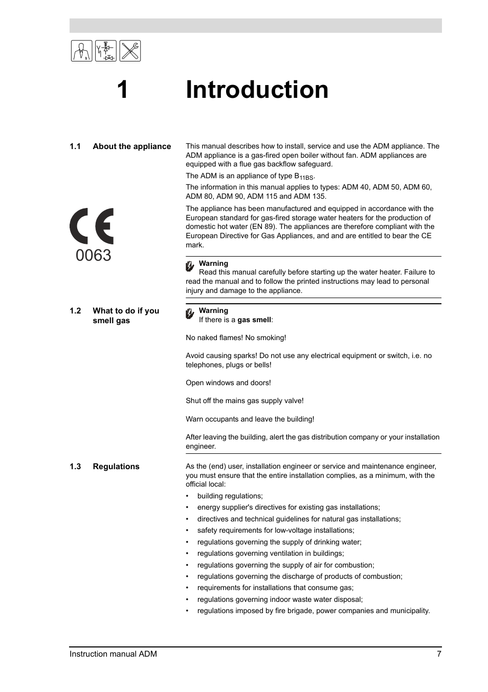 1 introduction, Introduction, About the appliance | What to do if you smell gas, Regulations, 1introduction | A.O. Smith ADM - 80 User Manual | Page 7 / 74