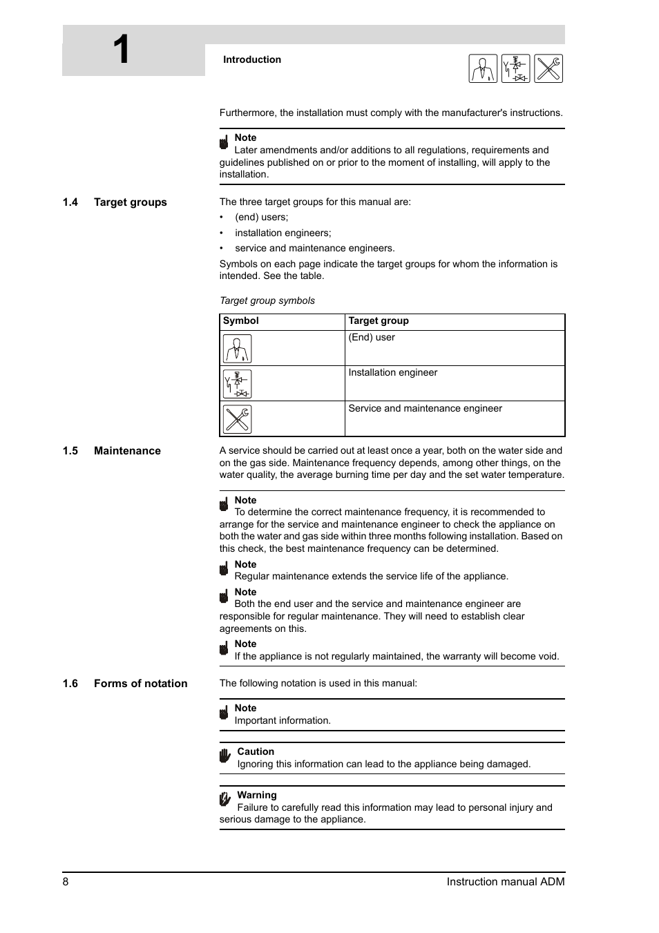 Target groups, Maintenance, Forms of notation | 1gis | A.O. Smith ADM - 80 User Manual | Page 8 / 74