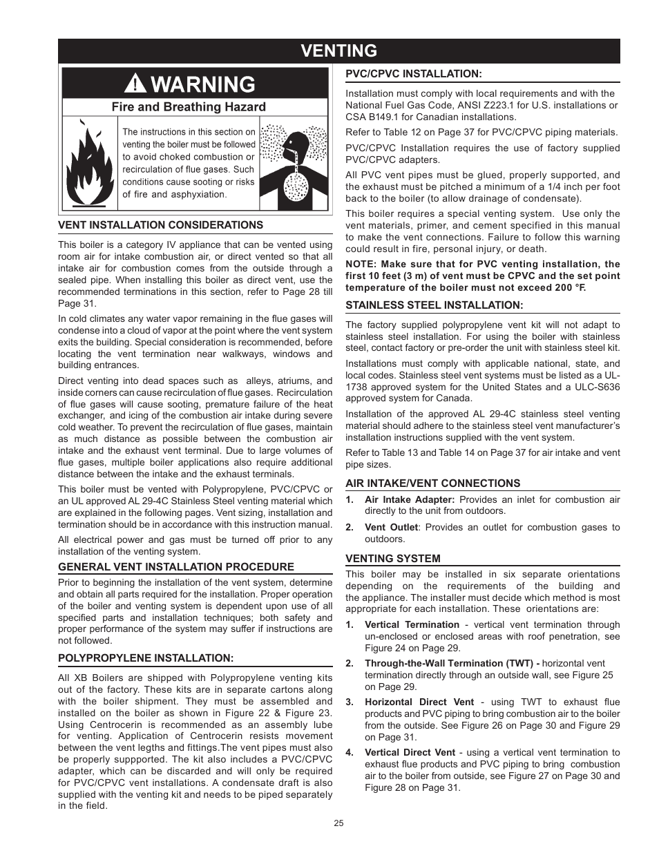 Venting, Vent installation considerations | A.O. Smith 3400 User Manual | Page 25 / 80
