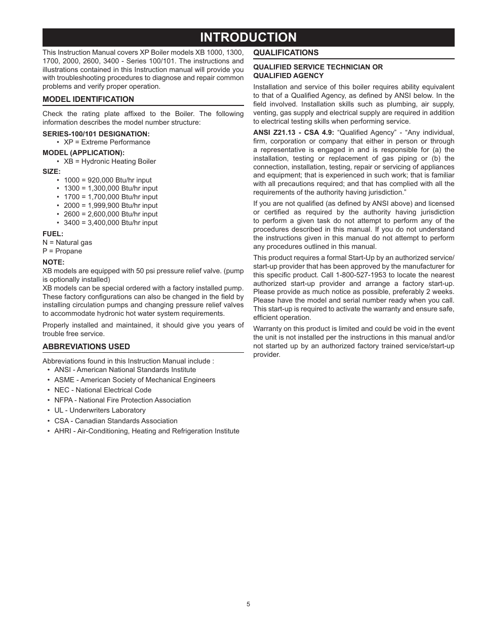 Introduction, Model identification, Abbreviations used | Qualifications | A.O. Smith 3400 User Manual | Page 5 / 80