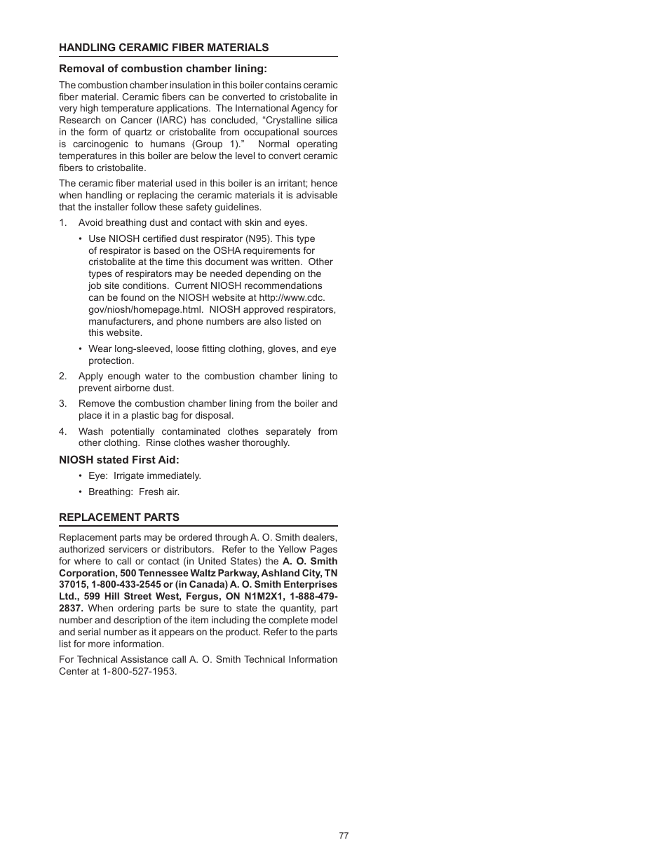 Handling ceramic fiber materials, Replacement parts, Handling ceramic fiber materials replacement parts | A.O. Smith 3400 User Manual | Page 77 / 80