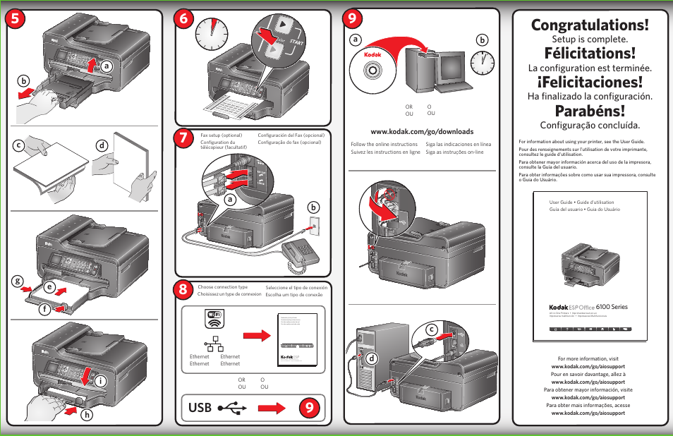 Félicitations, Felicitaciones, Parabéns | Setup is complete, La configuration est terminée, Ha finalizado la configuración, Configuração concluída | Kodak ESP Office 6150 User Manual | Page 2 / 2