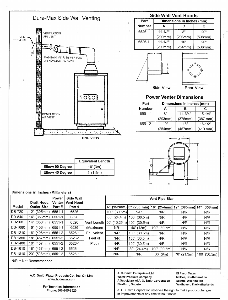 Dura-max side wall venting, Side wall vent hoods, Power venter dimensions | A.O. Smith DB-720 thru 1810 User Manual | Page 4 / 4