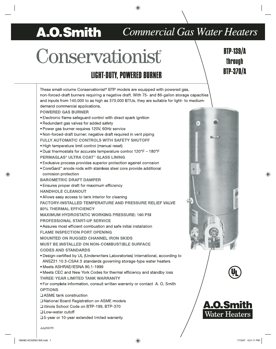 A.O. Smith BTP-139A User Manual | 2 pages