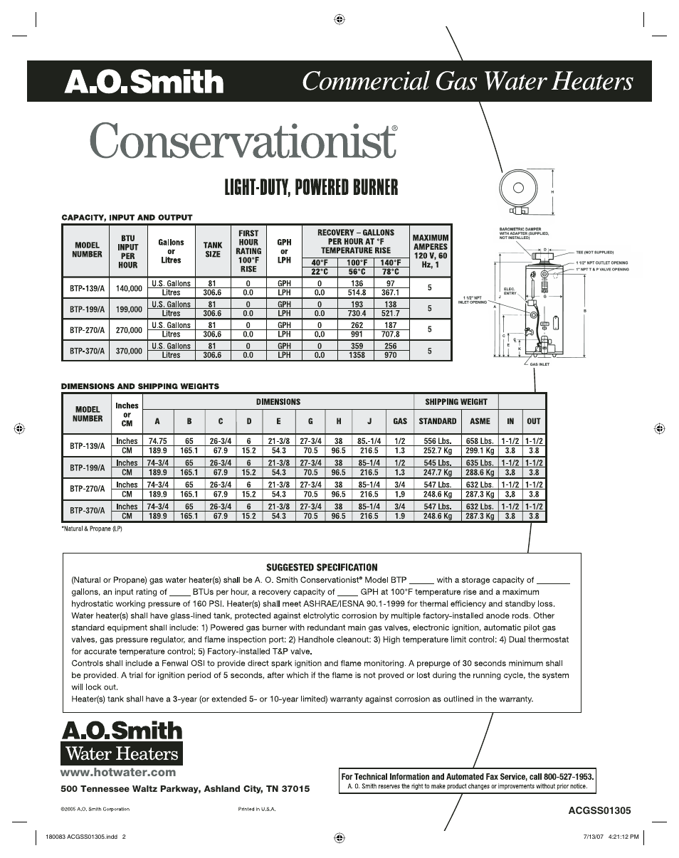 A.cxsmith, Www.hotwater.com, Conservatioiiisf | Commercial gas water heaters, A.o:smith, Light-duty, powered burner, Water heaters | A.O. Smith BTP-139A User Manual | Page 2 / 2