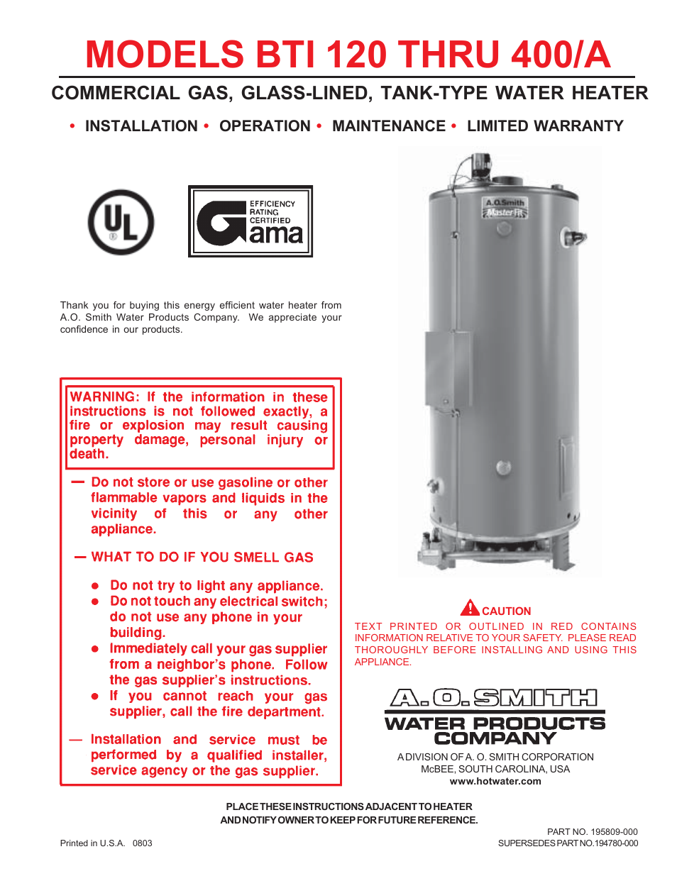 A.O. Smith BTI 120 User Manual | 32 pages