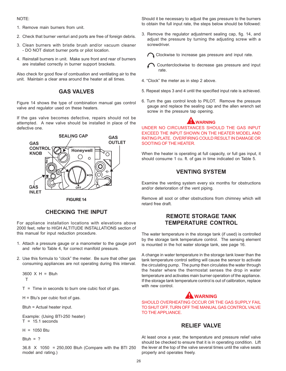 Gas valves, Checking the input, Venting system | Remote storage tank temperature control, Relief valve | A.O. Smith BTI 120 User Manual | Page 26 / 32