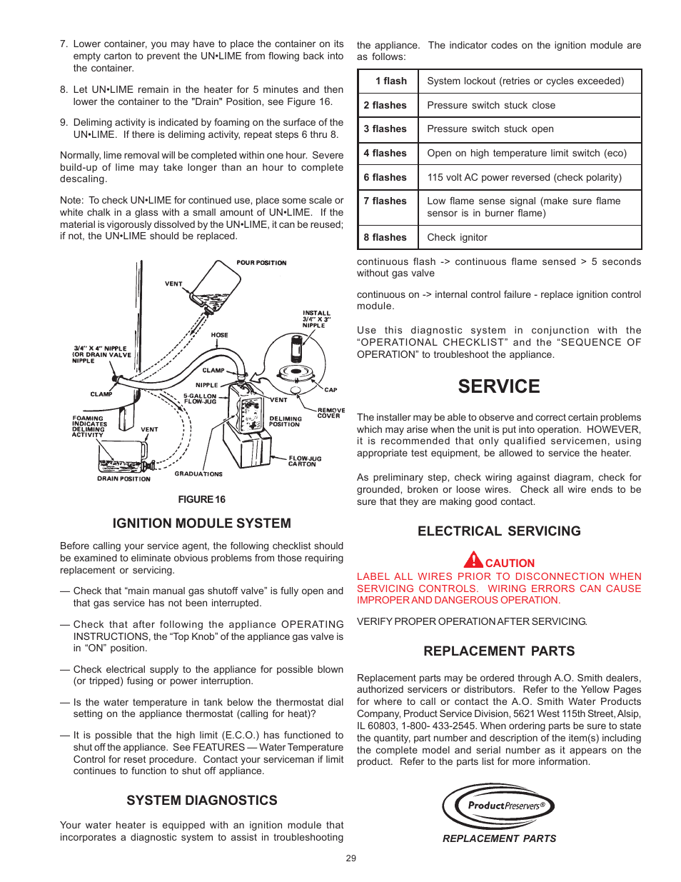Service, Ignition module system, System diagnostics | Electrical servicing, Replacement parts | A.O. Smith BTI 120 User Manual | Page 29 / 32