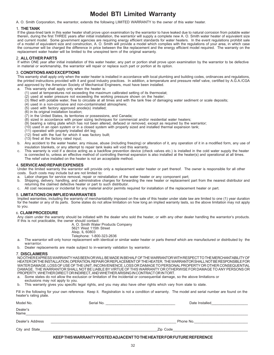 Model bti limited warranty | A.O. Smith BTI 120 User Manual | Page 32 / 32