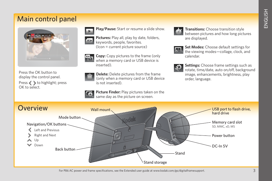 Copy pictures overview main control panel | Kodak P86 User Manual | Page 3 / 10