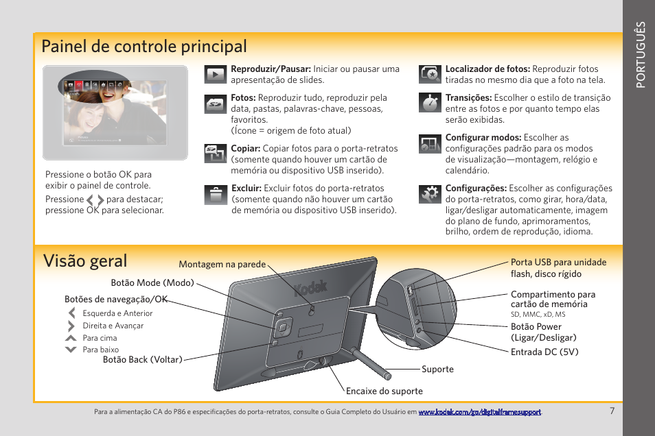 Visão geral painel de controle principal, Por tuguês | Kodak P86 User Manual | Page 7 / 10