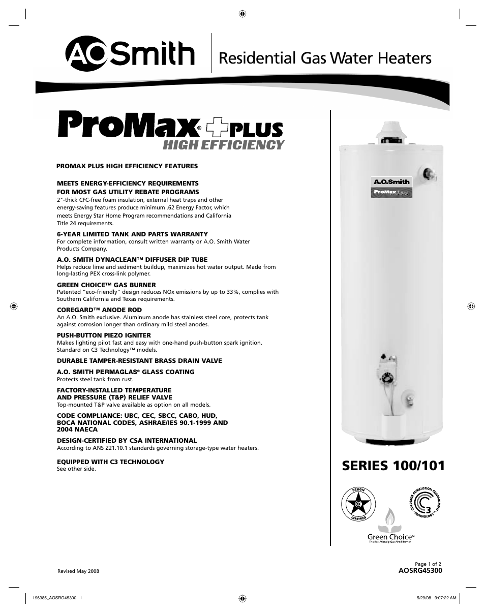 A.O. Smith AOSRG45300 User Manual | 2 pages