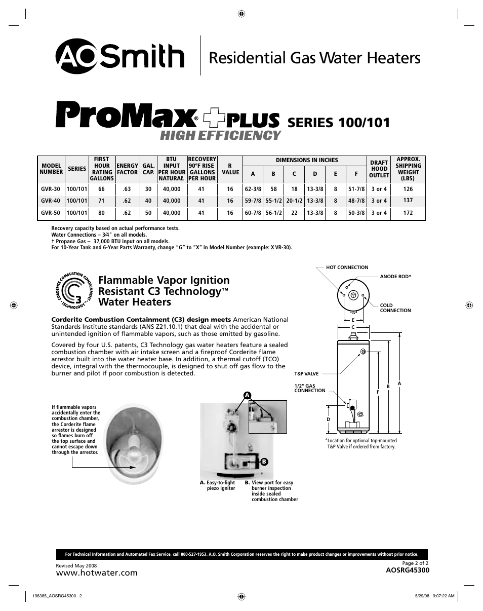 Residential gas water heaters, Flammable vapor ignition resistant c3 technology, Water heaters | A.O. Smith AOSRG45300 User Manual | Page 2 / 2