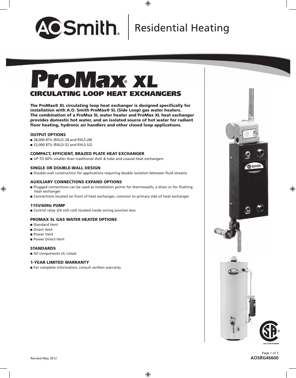 A.O. Smith AOSRG46600 User Manual | 2 pages