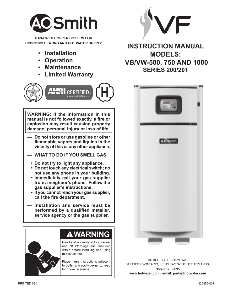 A.O. Smith VB/VW- 1000 User Manual | 52 pages