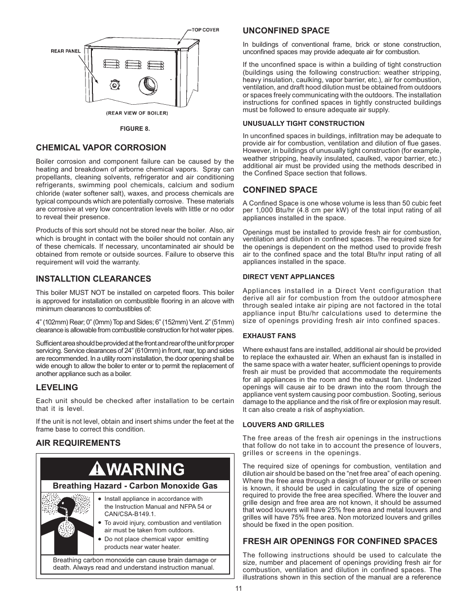 Chemical vapor corrosion, Installtion clearances, Leveling | Air requirements, Unconfined space, Confined space, Fresh air openings for confined spaces | A.O. Smith VB/VW- 1000 User Manual | Page 11 / 52
