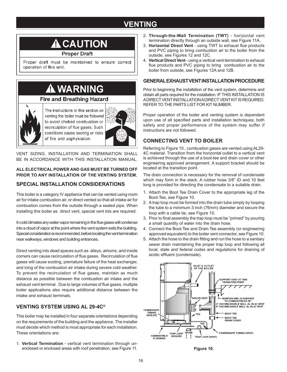 Venting, Special installation considerations, Venting system using al 29-4c | General exhaust vent installation procedure, Connecting vent to boiler | A.O. Smith VB/VW- 1000 User Manual | Page 16 / 52