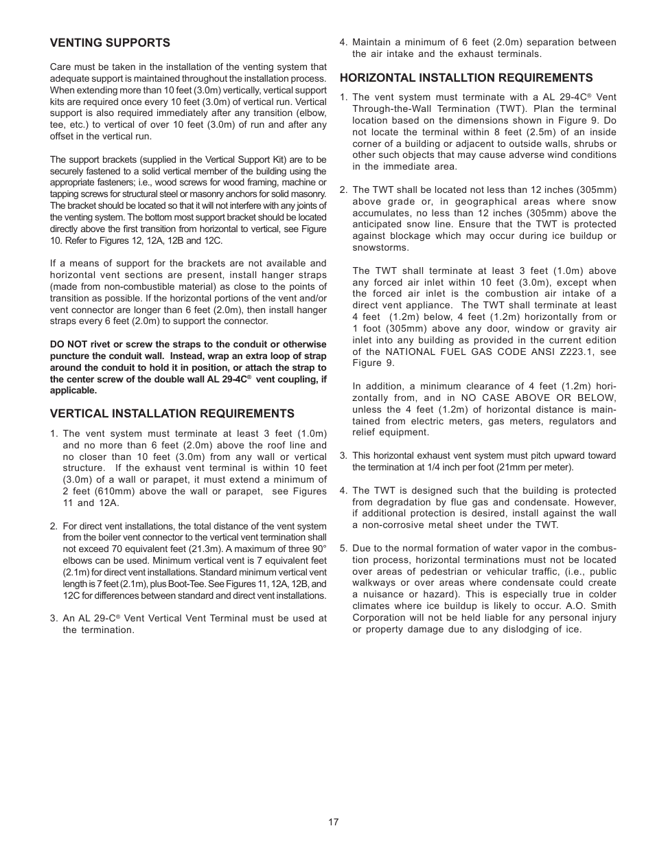 Venting supports, Vertical installation requirements, Horizontal installtion requirements | A.O. Smith VB/VW- 1000 User Manual | Page 17 / 52