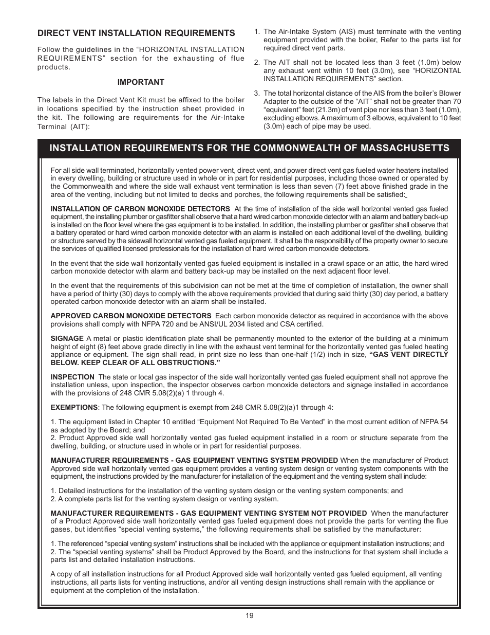 Direct vent installation requirements, Installation requirements for the commonwealth of, Massachusetts | A.O. Smith VB/VW- 1000 User Manual | Page 19 / 52