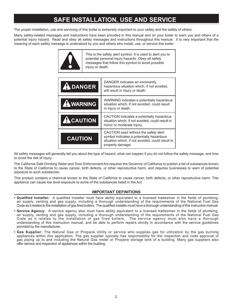 Safe installation, use and service, Warning caution caution danger | A.O. Smith VB/VW- 1000 User Manual | Page 2 / 52