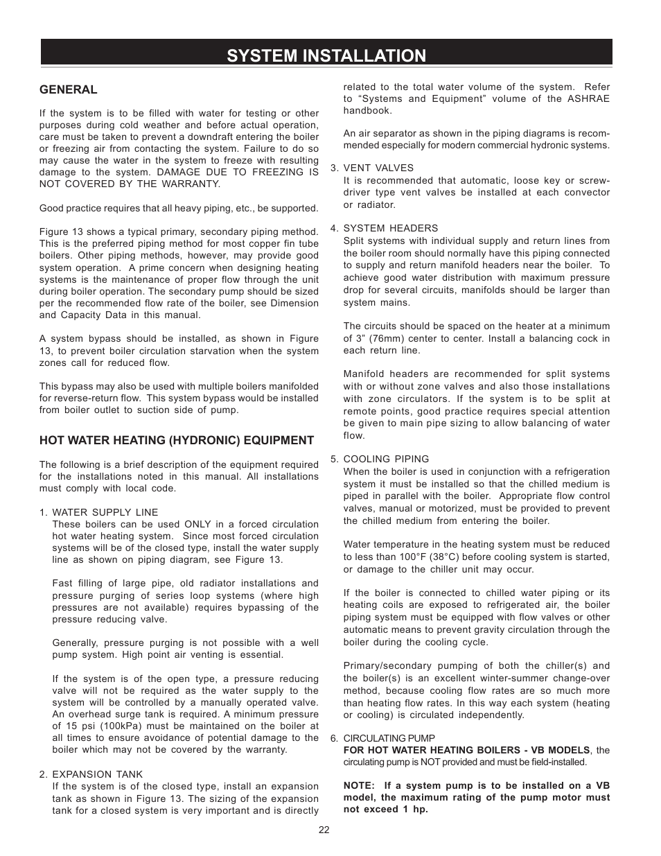 System installation, General, Hot water heating (hydronic) equipment | A.O. Smith VB/VW- 1000 User Manual | Page 22 / 52