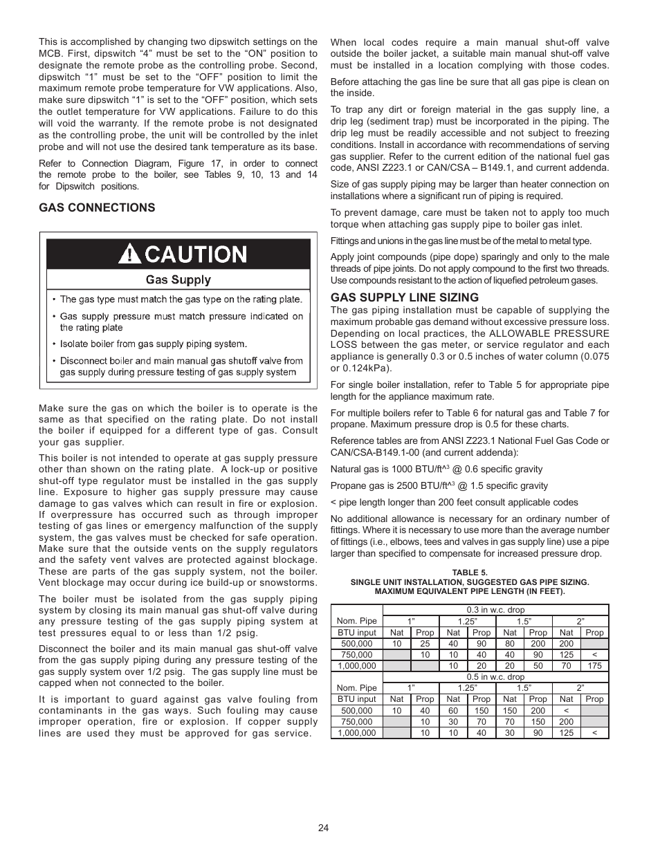 Gas connections, Gas supply line sizing | A.O. Smith VB/VW- 1000 User Manual | Page 24 / 52