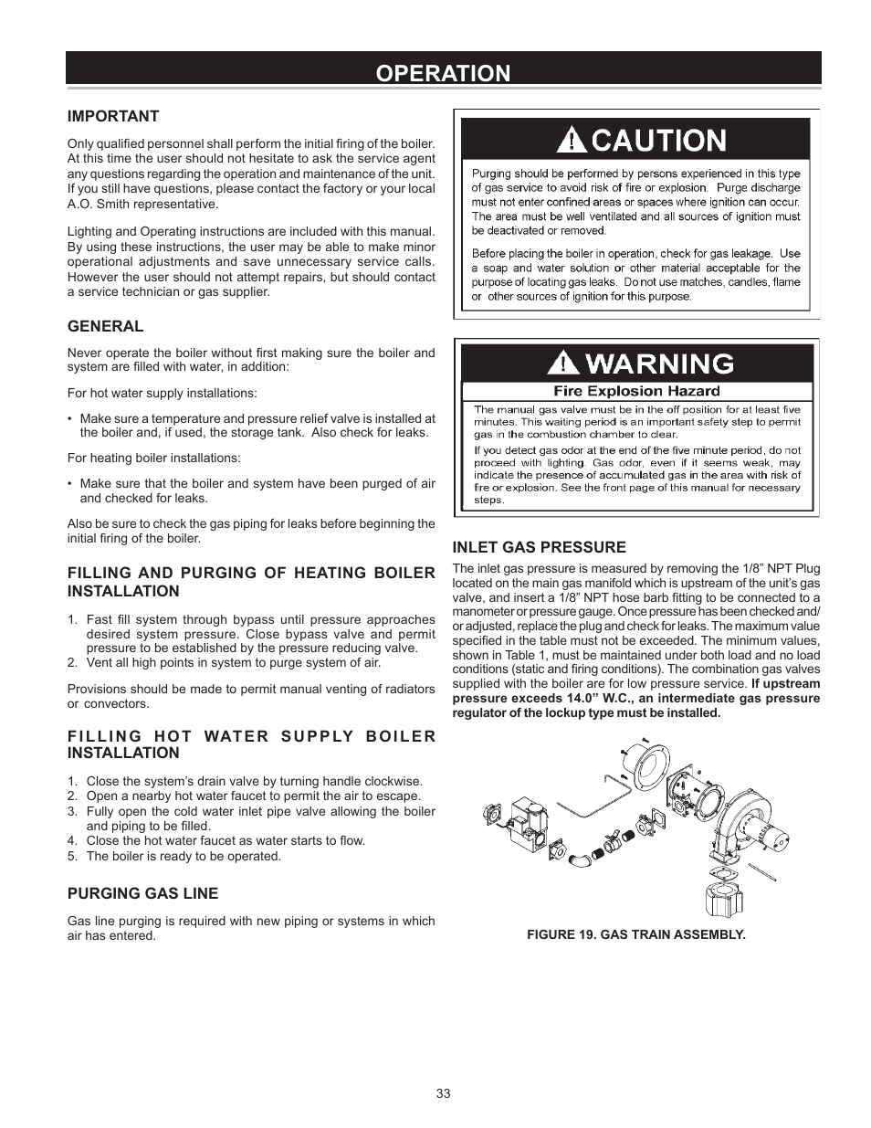 Operation, Important, General | Filling and purging of heating boiler installation, Filling hot water supply boiler installation, Purging gas line, Inlet gas pressure | A.O. Smith VB/VW- 1000 User Manual | Page 33 / 52