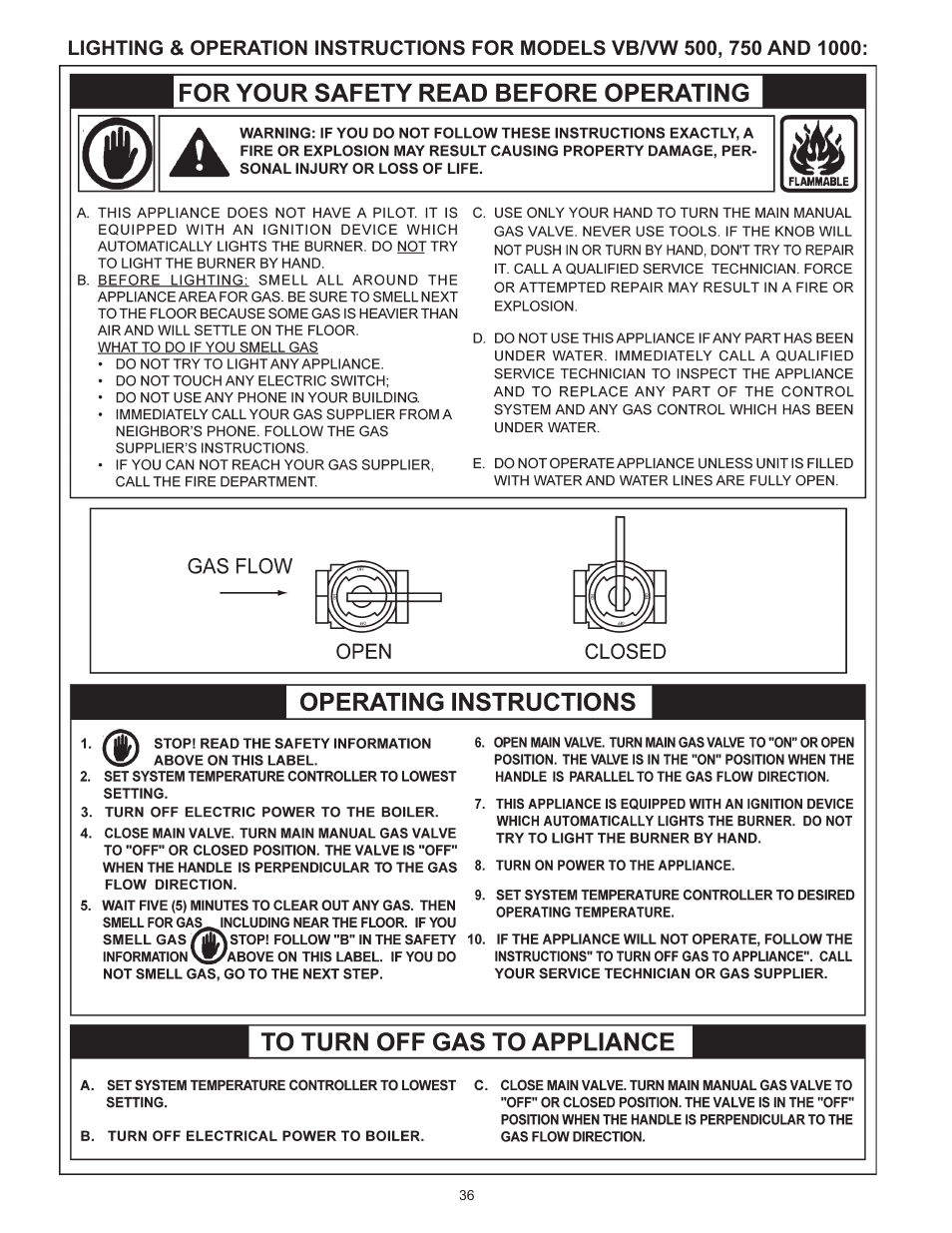Lighting & operation instructions | A.O. Smith VB/VW- 1000 User Manual | Page 36 / 52