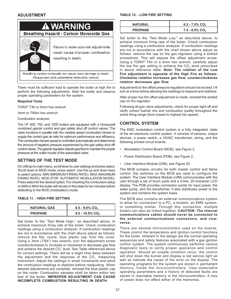 Adjustment, Setting of the test mode, Control system | A.O. Smith VB/VW- 1000 User Manual | Page 37 / 52