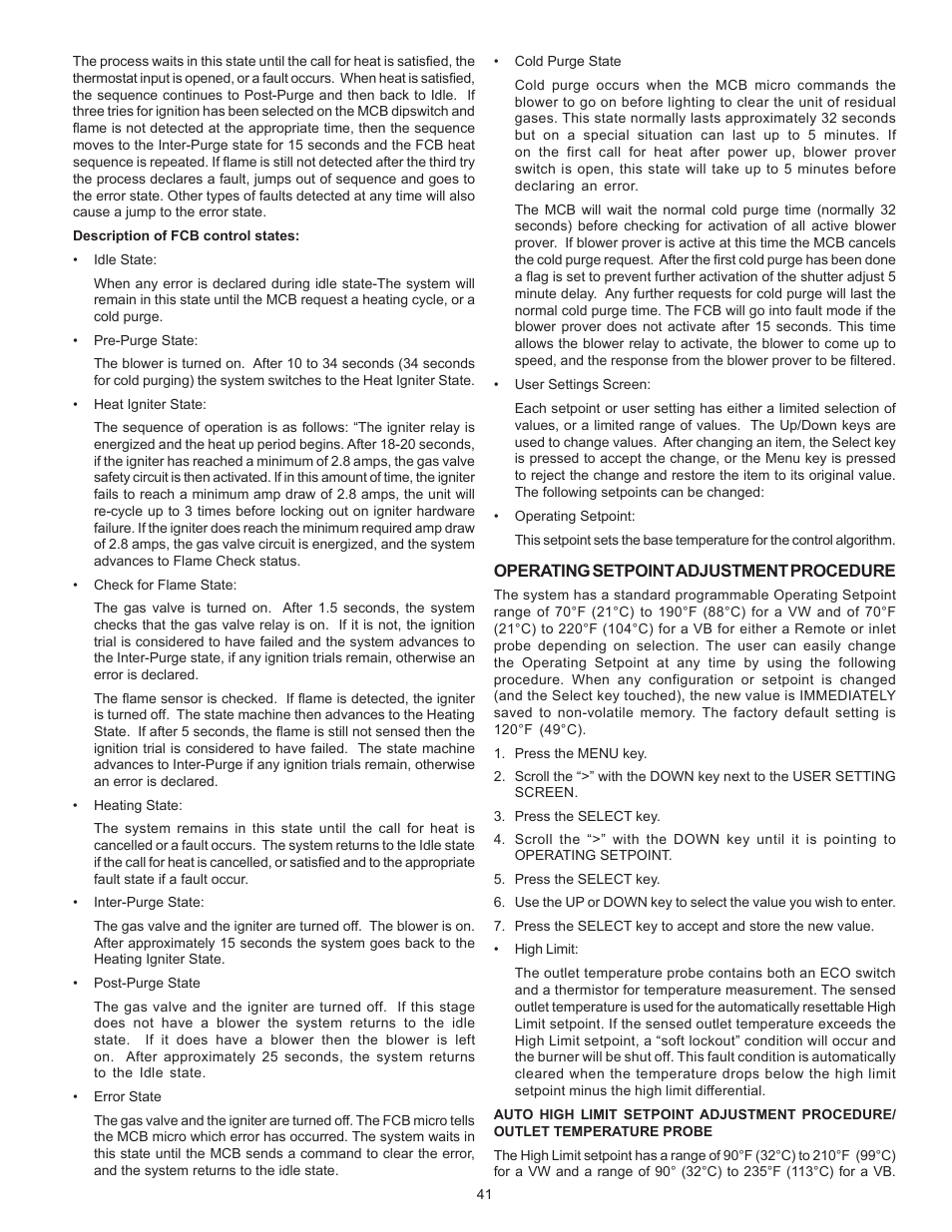 Operating setpoint adjustment procedure | A.O. Smith VB/VW- 1000 User Manual | Page 41 / 52