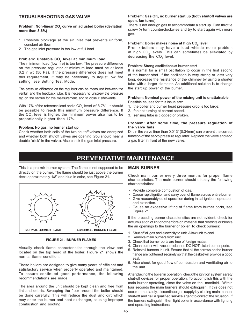 Troubleshooting gas valve, Main burner, Preventative maintenance | A.O. Smith VB/VW- 1000 User Manual | Page 45 / 52