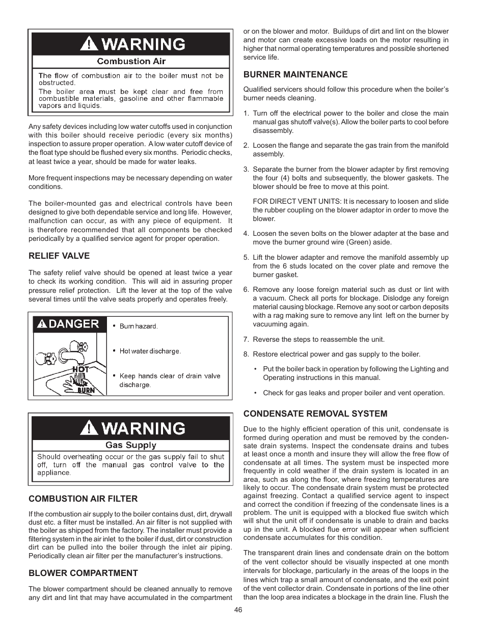 Relief valve, Combustion air filter, Blower compartment | Burner maintenance, Condensate removal system | A.O. Smith VB/VW- 1000 User Manual | Page 46 / 52