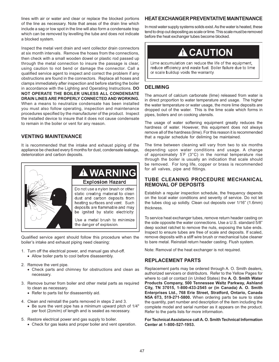 Venting maintenance, Heat exchanger preventative maintenance, Deliming | Replacement parts | A.O. Smith VB/VW- 1000 User Manual | Page 47 / 52