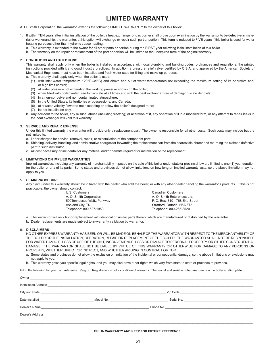 Limited warranty | A.O. Smith VB/VW- 1000 User Manual | Page 51 / 52
