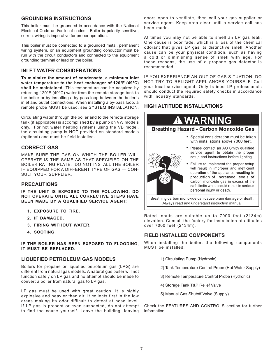 Grounding instructions, Inlet water considerations, Correct gas | Precautions, Liquefied petroleum gas models, High altitude installations, Field installed components | A.O. Smith VB/VW- 1000 User Manual | Page 7 / 52