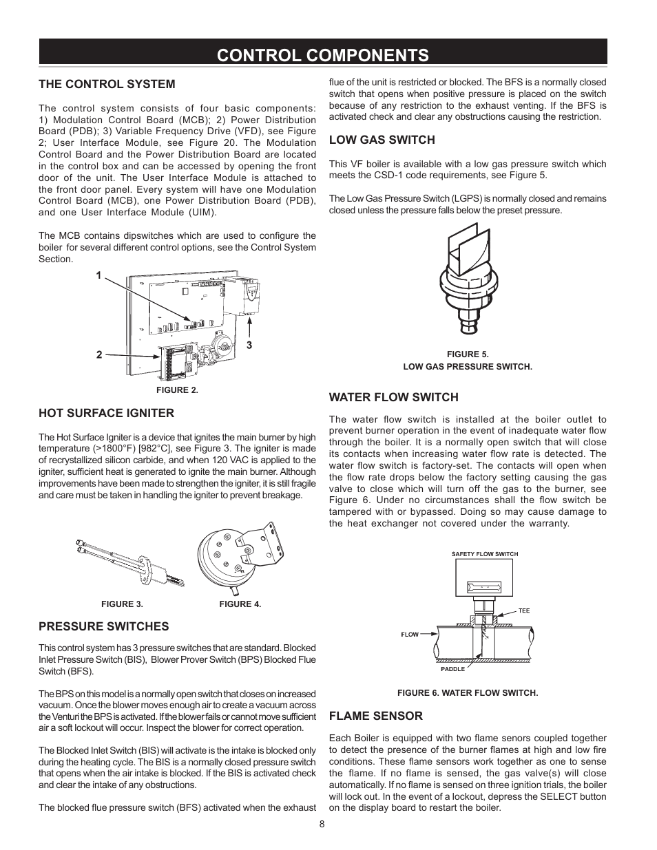 Control components, The control system, Hot surface igniter | Pressure switches, Low gas switch, Water flow switch, Flame sensor | A.O. Smith VB/VW- 1000 User Manual | Page 8 / 52