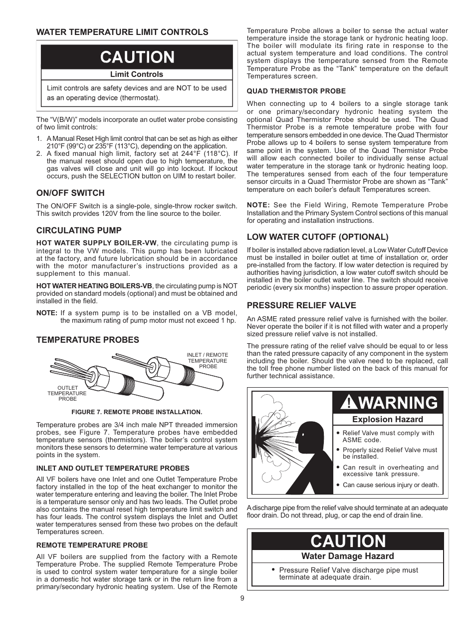 Water temperature limit controls, On/off switch, Circulating pump | Temperature probes, Low water cutoff (optional), Pressure relief valve, Caution, Water damage hazard | A.O. Smith VB/VW- 1000 User Manual | Page 9 / 52