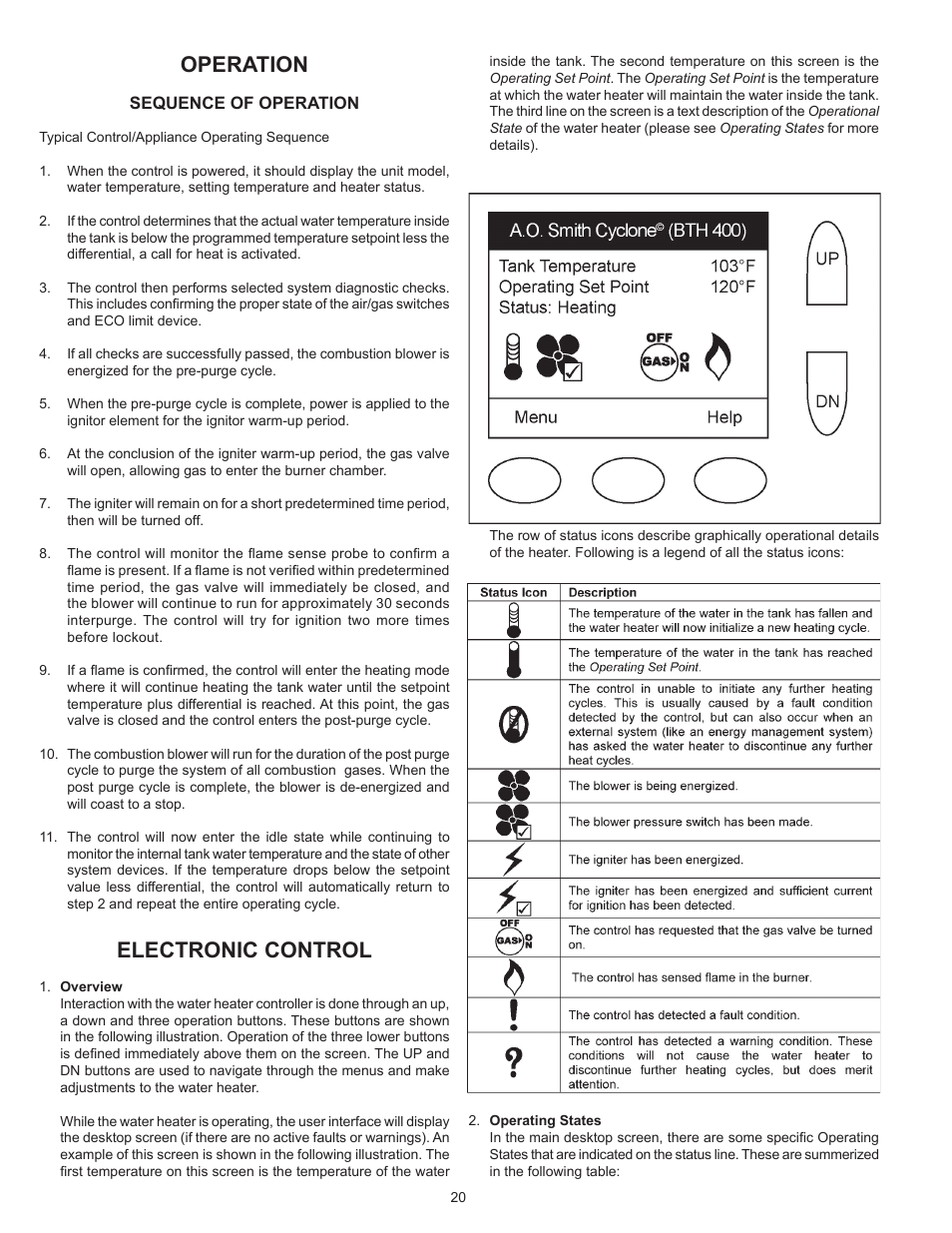 Operation, Electronic control | A.O. Smith 400A User Manual | Page 20 / 40