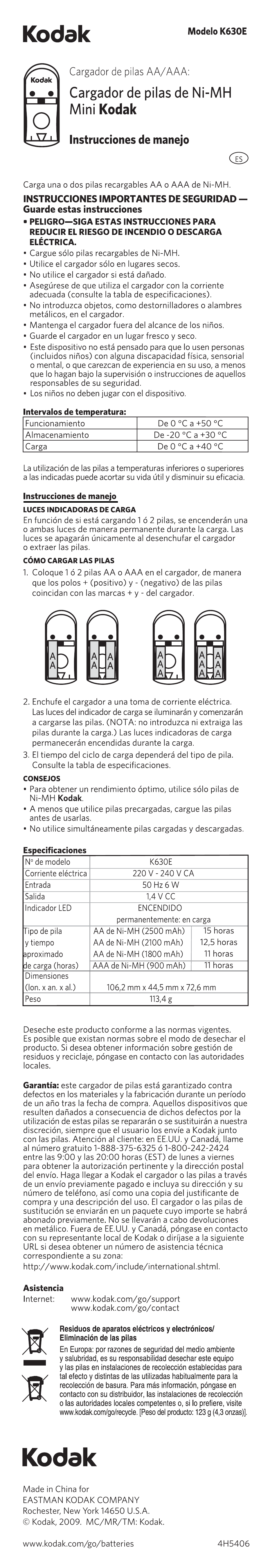 Kodak Cargador de pilas Ni-MH User Manual | 1 page