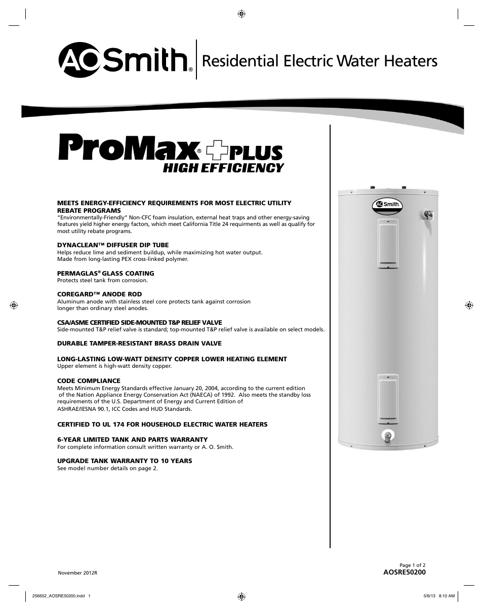 A.O. Smith AOSRE50400 User Manual | 2 pages