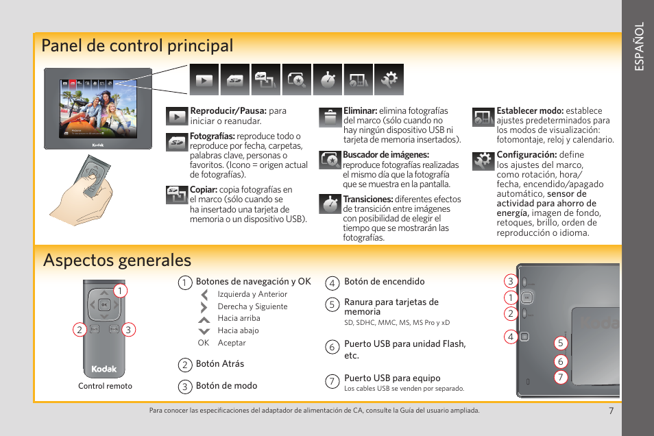 Aspectos generales, Panel de control principal, Esp añol | Kodak P850 User Manual | Page 7 / 10