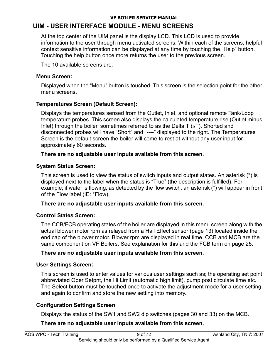 Uim - user interface module - menu screens | A.O. Smith TC-099 User Manual | Page 10 / 74