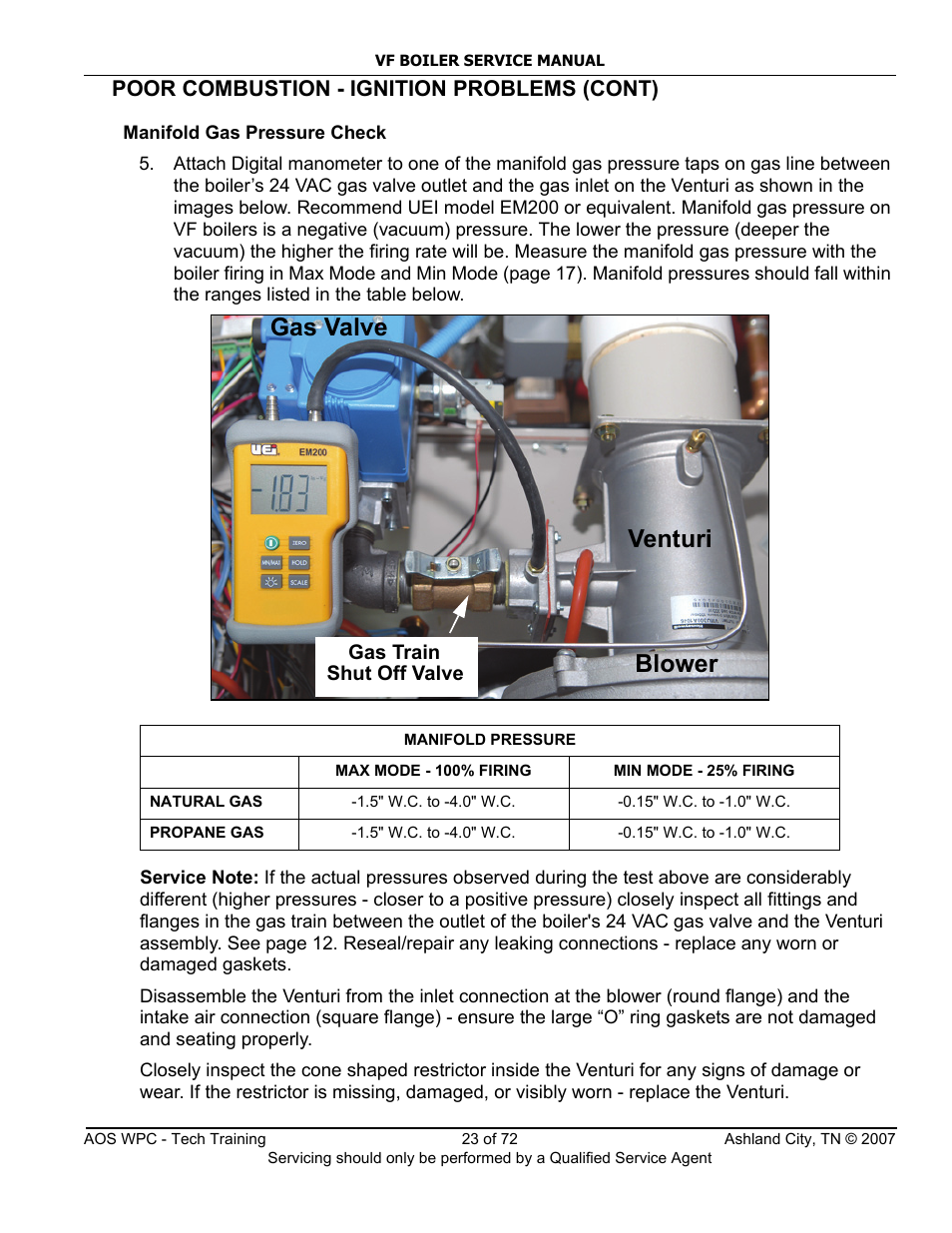 Age 23) in th, E 23), st, Venturi gas valve | Blower, Poor combustion - ignition problems (cont) | A.O. Smith TC-099 User Manual | Page 24 / 74