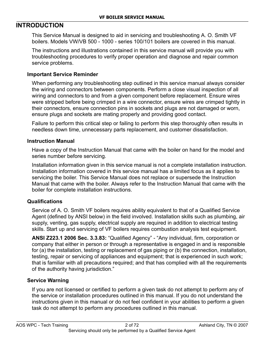 Introduction | A.O. Smith TC-099 User Manual | Page 3 / 74