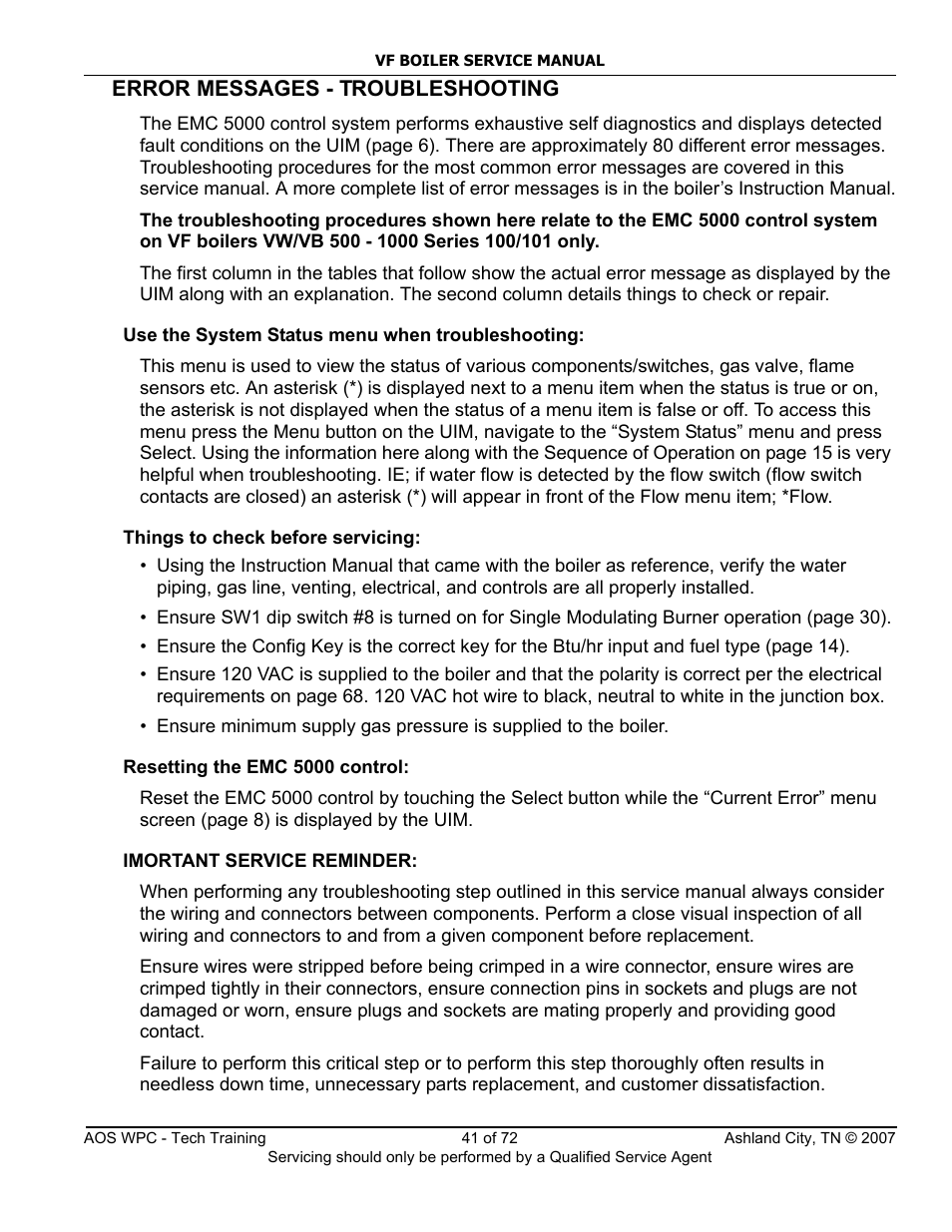 Error messages - troubleshooting | A.O. Smith TC-099 User Manual | Page 42 / 74